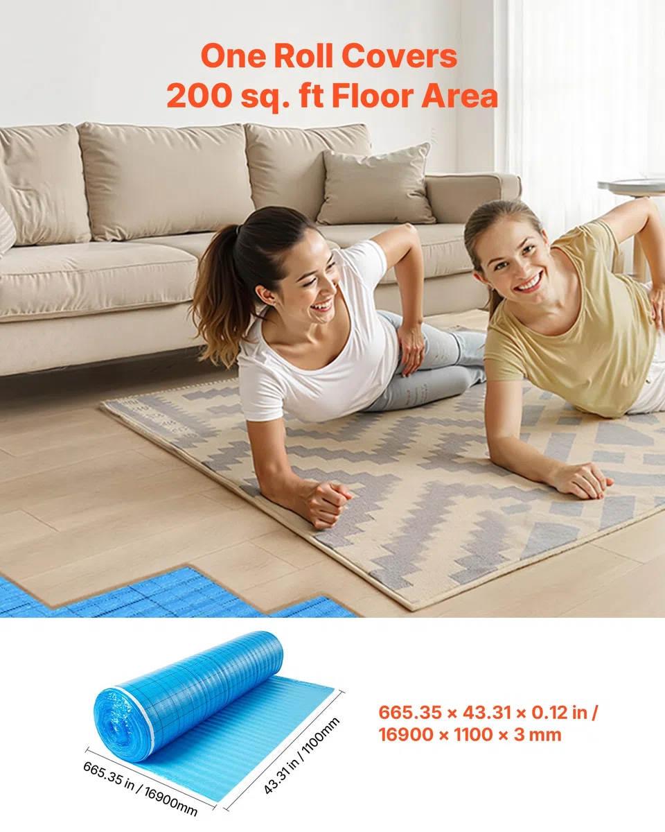 VEVOR Base para Suelo 18,6 m²/Rollo, 3 en 1, con Cinta y Barrera de Vapor, Espuma EPE Resistente con PE Azul, Insonorizante y Reductor de Ruido, Ideal para Madera Laminada, 16900 x 1100 x 3 mm