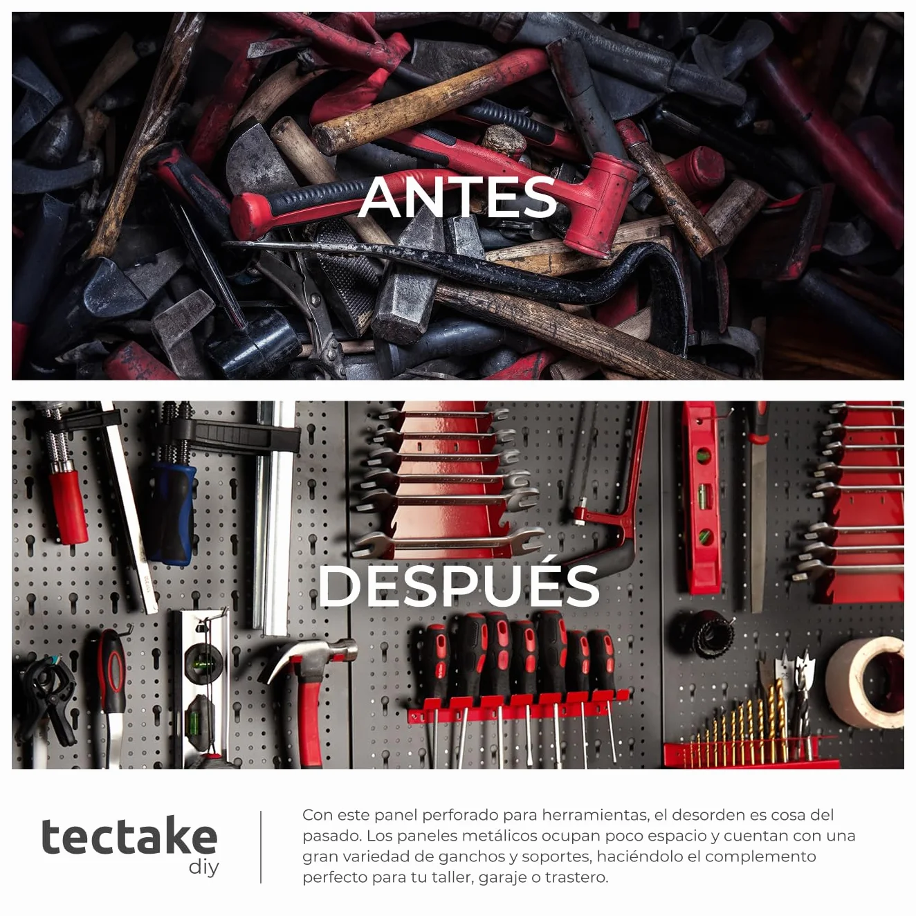 tectake® Organizador de Herramientas de Pared, Panel Perforado, Estantería de Taller con Ganchos, Banco de Herramientas, Herramientas Bricolaje, Tablero Perforado - 3 Tableros