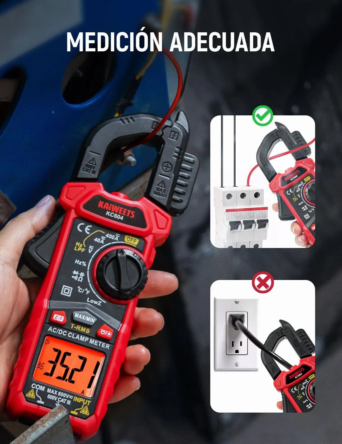 KAIWEETS Pinza Amperimétrica CA/CC, Pinza Multímetro para Medir Voltaje &Corriente CA/CC, Temperatura, Continuidad, NCV, Diode, con Linterna, Luz de Fondo, Mandíbula en Forma de D, KC604