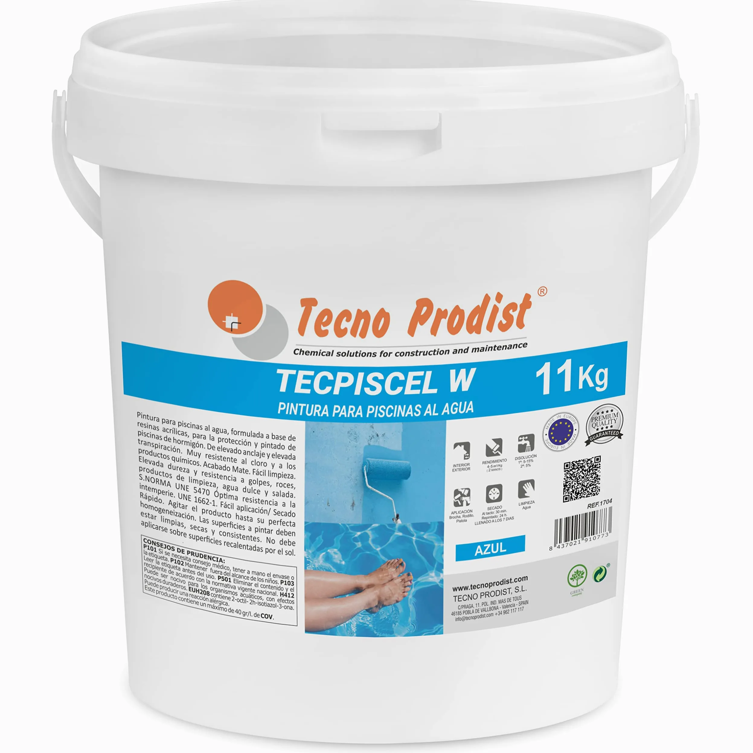 Tecno Prodist TECPISCEL W PINTURA PISCINAS AL AGUA (11 KG) - Alta resistencia y durabilidad - Gran cubrición, flexibilidad, adherencia - Fácil Aplicación