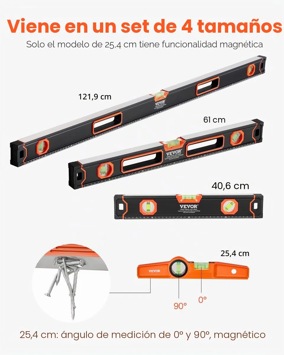 VEVOR Nivel de Torpedo 4 Piezas 250/400/600/1200 mm Regla de Viales de Burbujas con Luz Fluorescente para 45/90/180 grados Niveladora Magnética de Aleación de Aluminio, Solo 1200 mm Tiene Imán