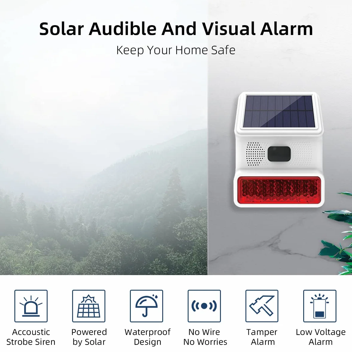 Sirena de Alarma, Sirena Solar para Exteriores con luz Intermitente LED de Sonido de 110db Compatible con Sistema de Alarma para el hogar, Granja, Granero, Villa, Patio, jardín (PE-520)