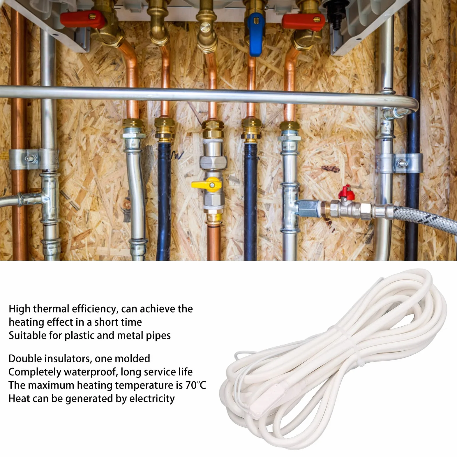 Cable de calefacción de goma siliconada para tuberías 5m 200W 70℃ Cable de calefacción antihelada para protección contra heladas con seguridad y calefacción rápida