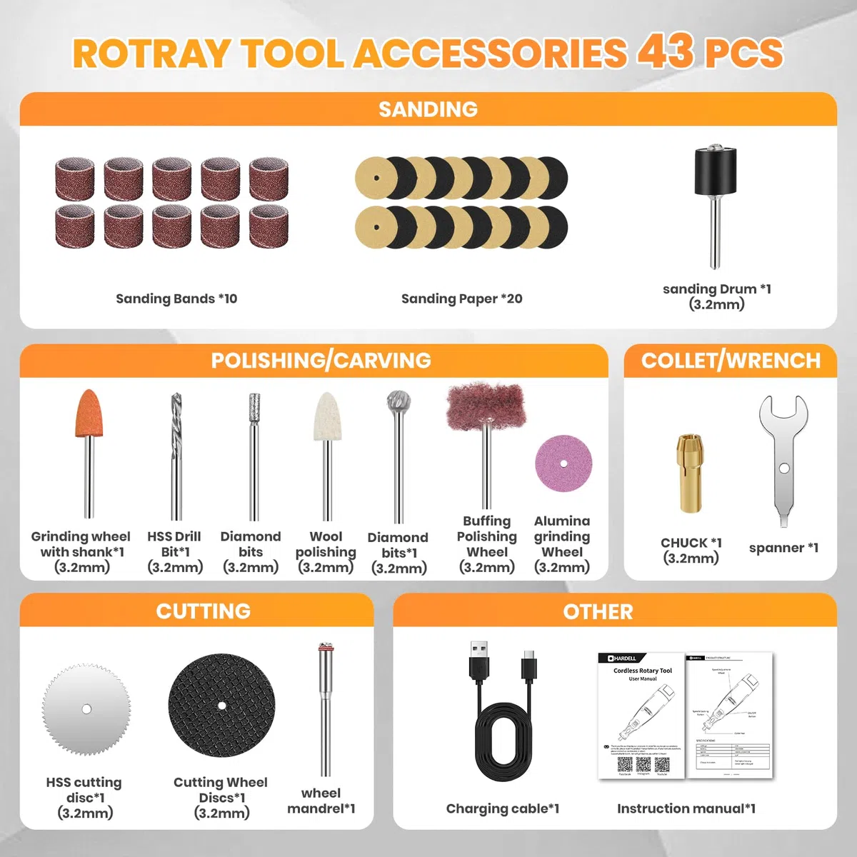 HARDELL Kit de Herramienta Rotativa Inalámbrica de 12 V Actualizado con 43 Accesorios, 6 Velocidades (10 000-25 000 RPM), Batería Extraíble de 1500 mAh, Larga Autonomía para Lijar, Pulir