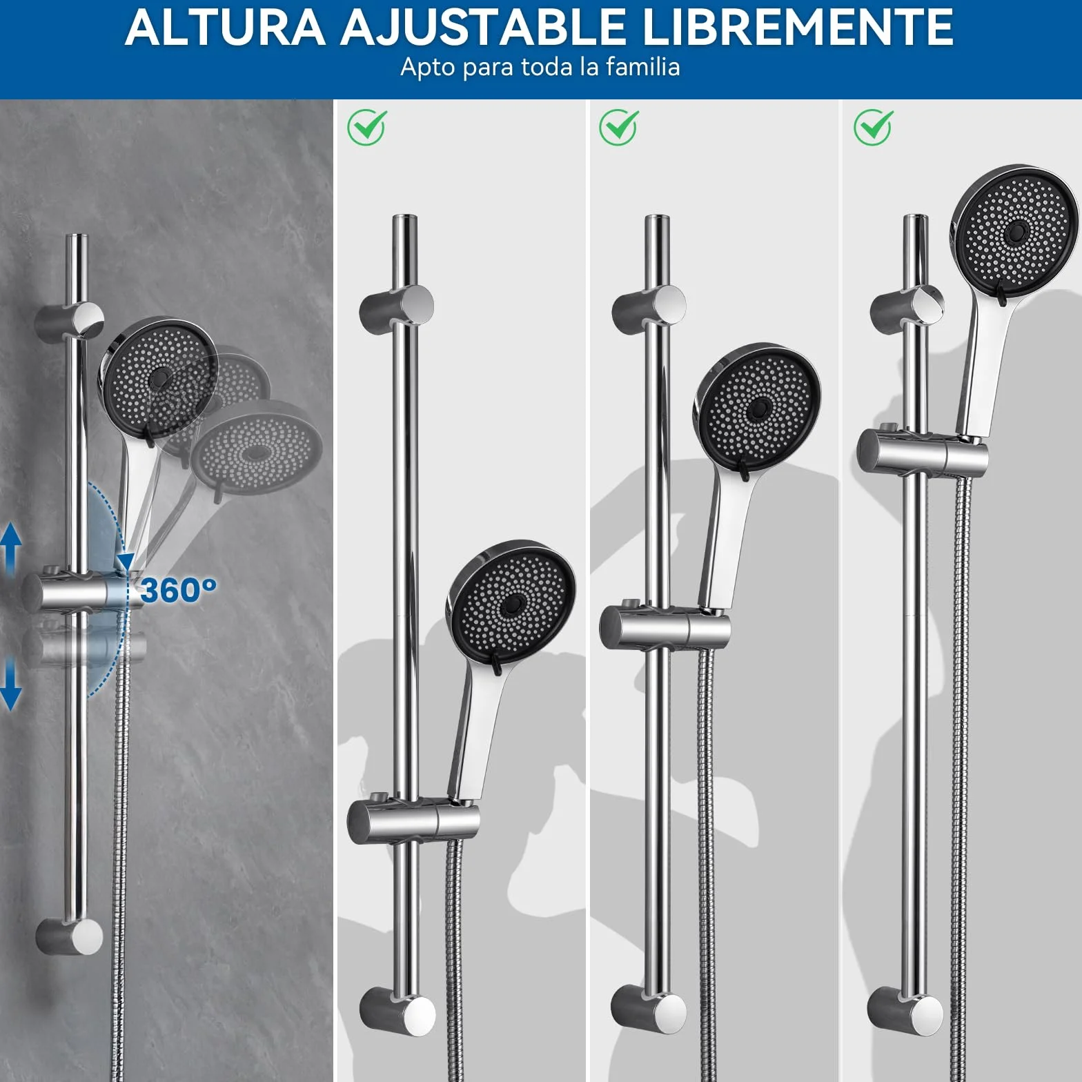 Auralum Barra de Ducha de Acero Inoxidable 70 cm con Alcachofa de Ducha 5 Funciones, Soporte Ajustable y Manguera Inoxidable 150 cm, Compatible con Orificios Existentes, Cromo