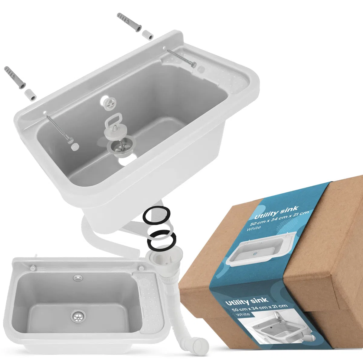 Lavabo de Cámara Estante Fregadero Industrial Profunda Lavadero Exterior Comercial Lavamanos Jardín Garaje Lavandería Baños Fábrica 50 x 34 x 21 cm Blanco