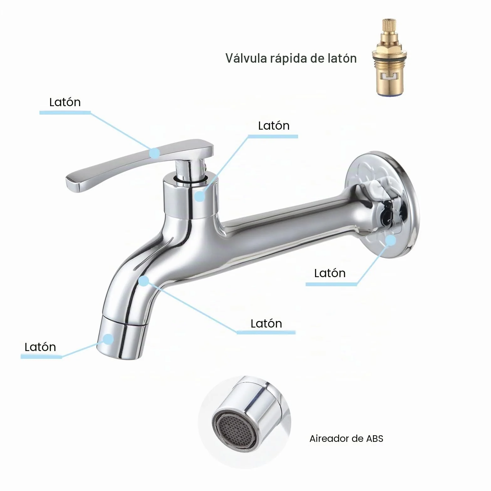Grifo de Cromo Latón para Lavandería y Baño - Montaje en Pared, Agua Fría