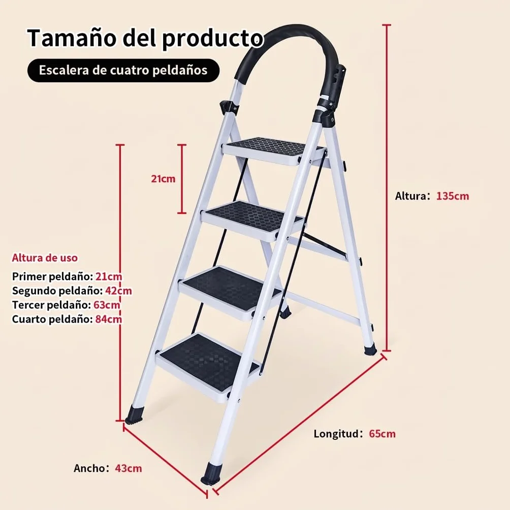 Escalera Plegable Multifuncional Antideslizante 4 Peldaños con Soporte Adicional y Mango