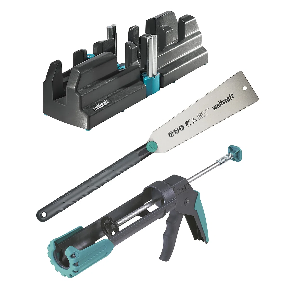 wolfcraft Set para suelos perfectos "Colocación de rodapiés" I 6977000 I Kit completo compuesto por caja de ingletar y falsa escuadra, sierra japonesa y pistola de sellado MG 200