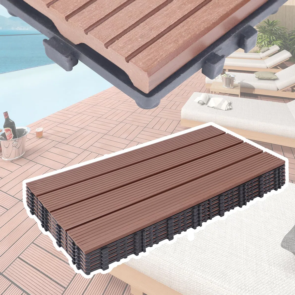 UISEBRT 6 unidades de suelo de balcón de WPC, azulejos de terraza, aspecto de madera, sistema de clic, de plástico, para jardín, balcón, terraza (30 x 60 cm, marrón)