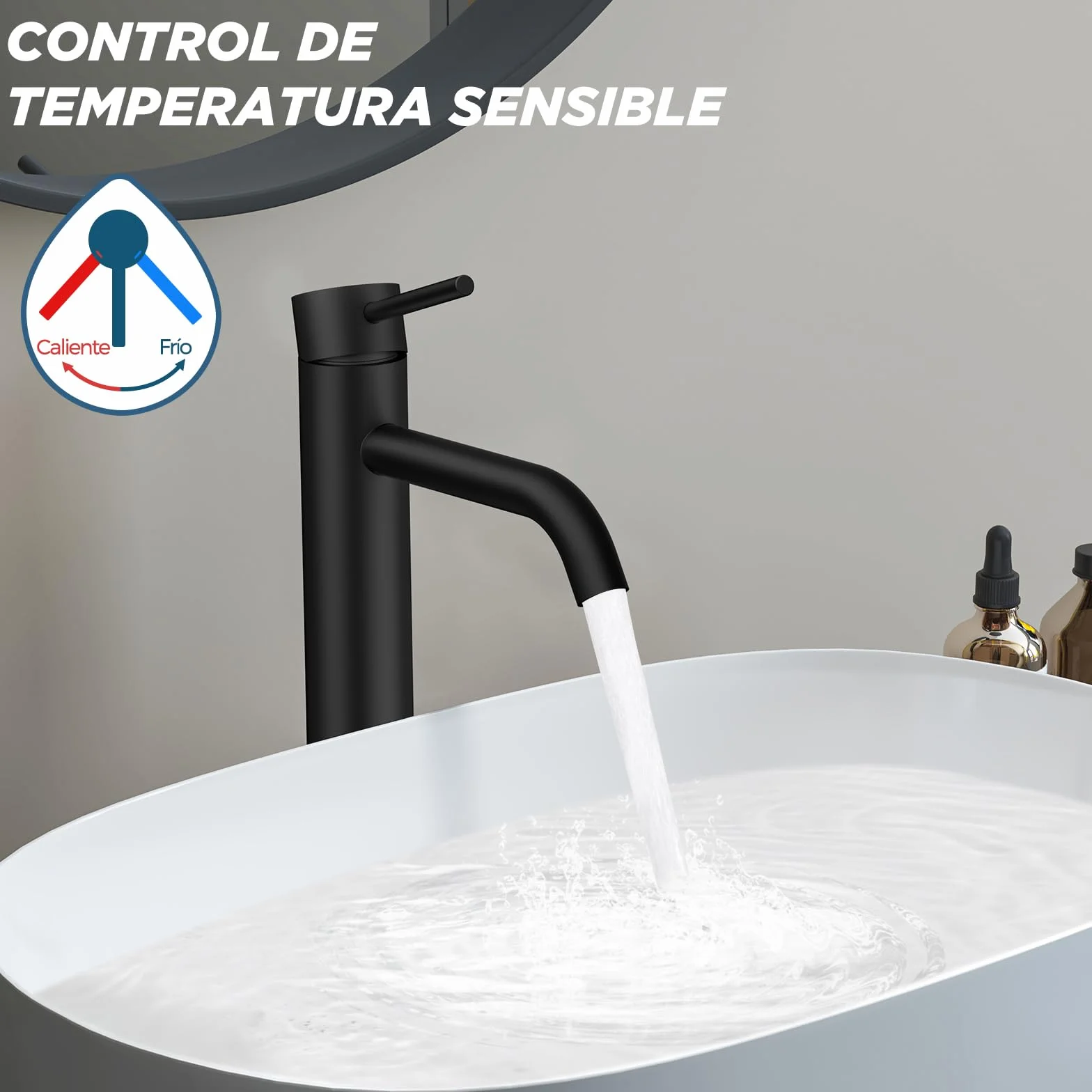 FORIOUS Grifo Lavabo Alto, Grifo Monomando para Lavabo Alto en Negro con Altura de Salida de 190 MM, Mezclador de un Solo Mango para el Lavabo del Baño, Lavamanos, Baño de Invitados