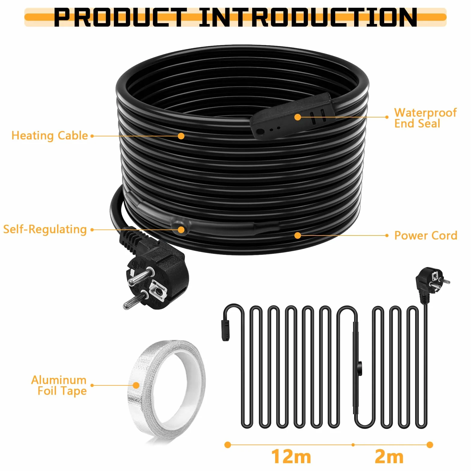 Cable Calefactor Anticongelante, Cable Calefactor con Termostato 25W/M, CableCalefactor Autorregulable, Calefacción Trazadora para Tuberías Agua, Tuberías Domésticas de Metal/Plástico, Bomba Agua 12M