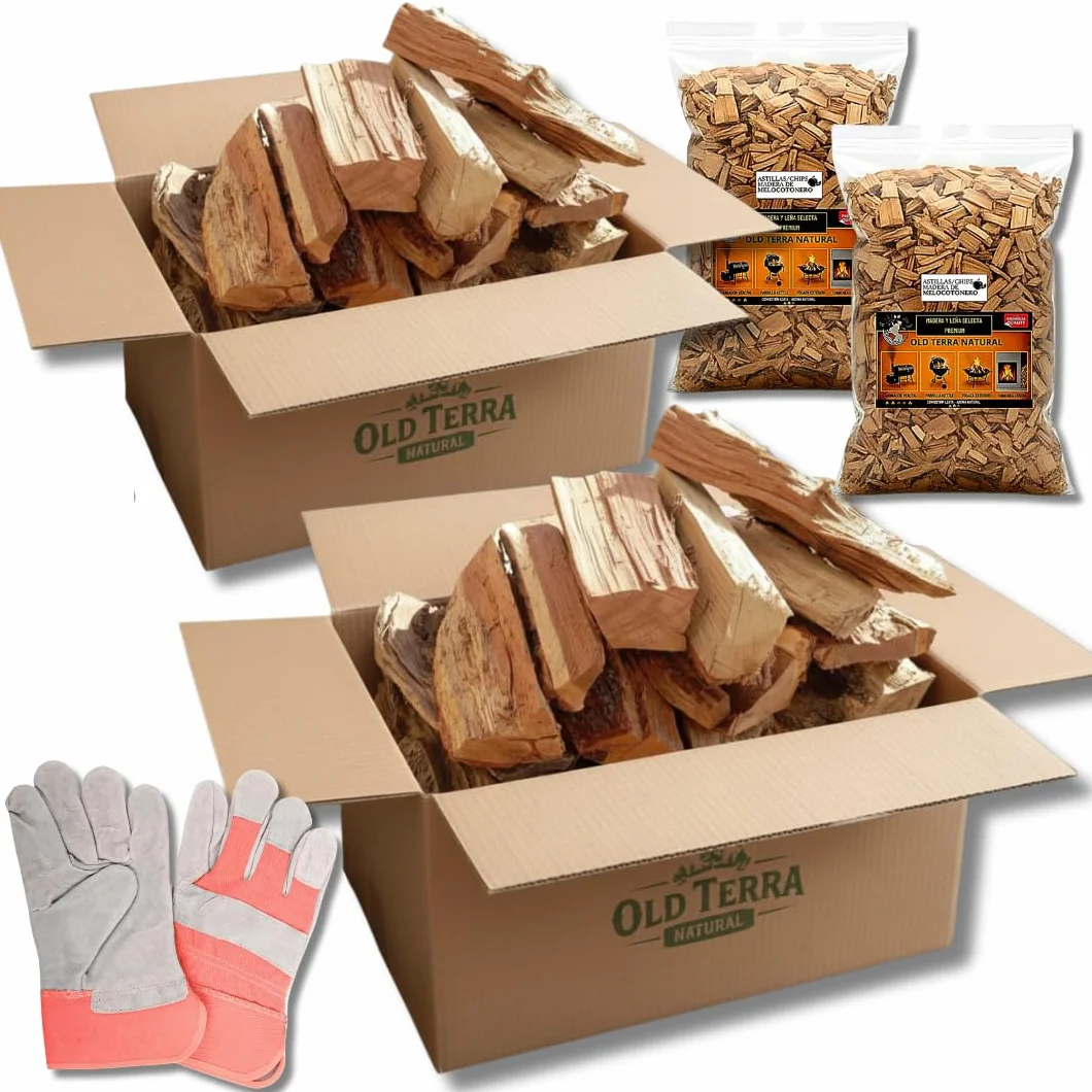 Kit Leña Premium 10kg para Chimenea, Barbacoa y Horno de Pizza | Troncos seleccionados, Astillas de Frutal y Guantes de Cuero de Calidad