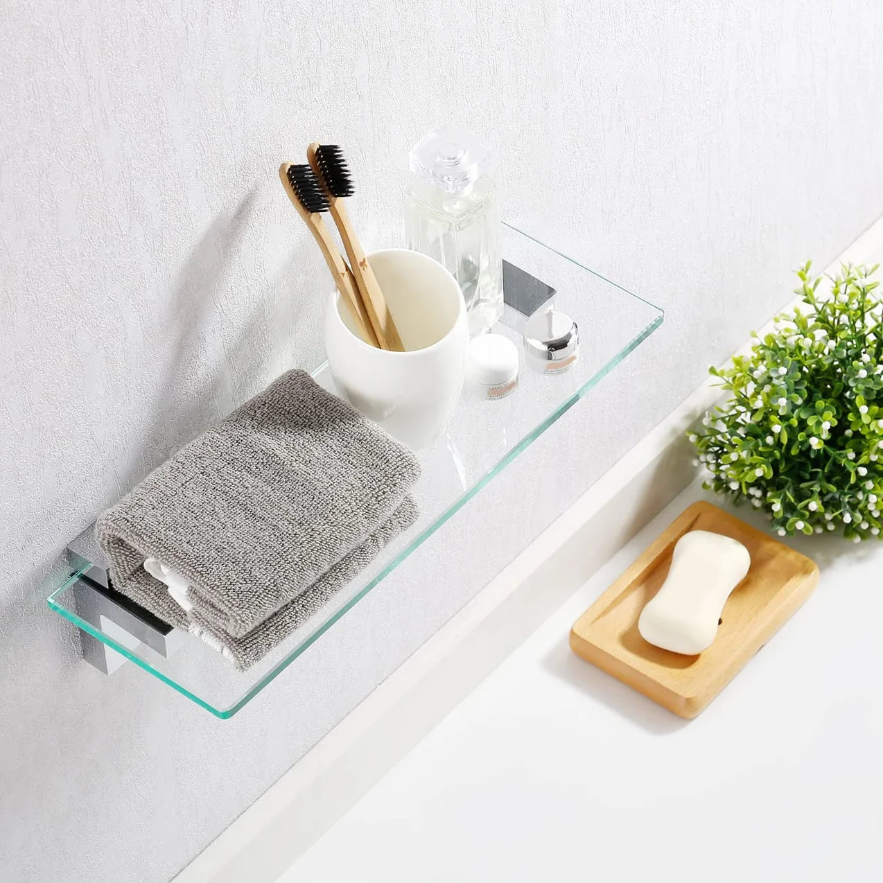 KES Estante Baño Cristal 50cm Baldas de Cristal Estanteria Baño Vidrio Templado 8MM con Soporte de Cromo Pulido, BGS3201