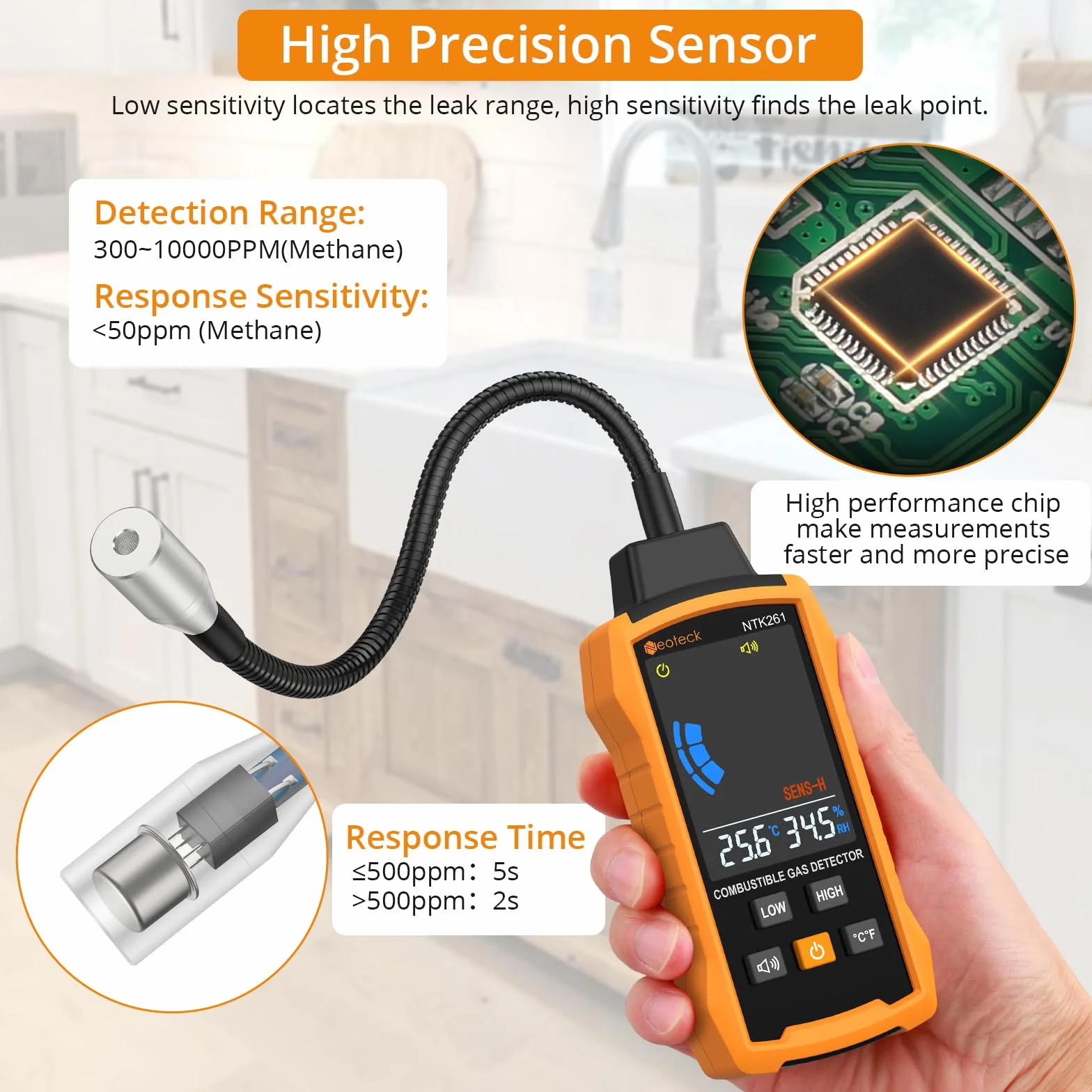 Neoteck Detector de Gas Natural Detector de Fugas de Gas con Sonda Flexible de 12 Pulgadas Detector de Gas Combustible con Alarma Audible y Visual para Vivienda Caravana Estufa Gasoducto