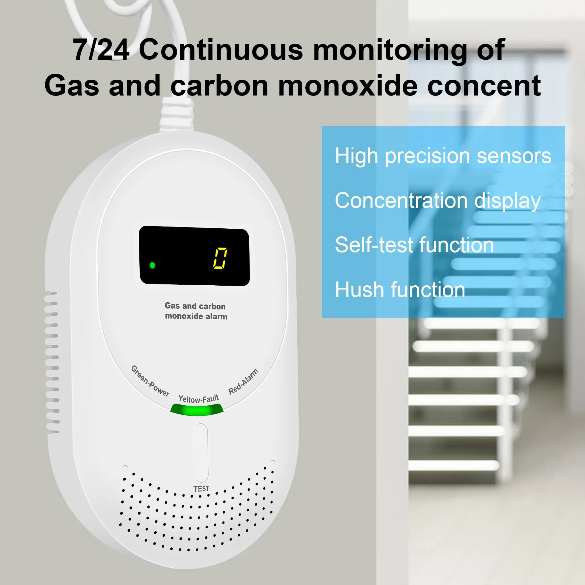 2-en-1 Detector de Gas y Monóxido de Carbono con Pantalla LCD, Certificado EN 50291 y EN 50194, Detector de Gas Combustible (Metano/Gas Natural y GLP) y CO, Pack de 1