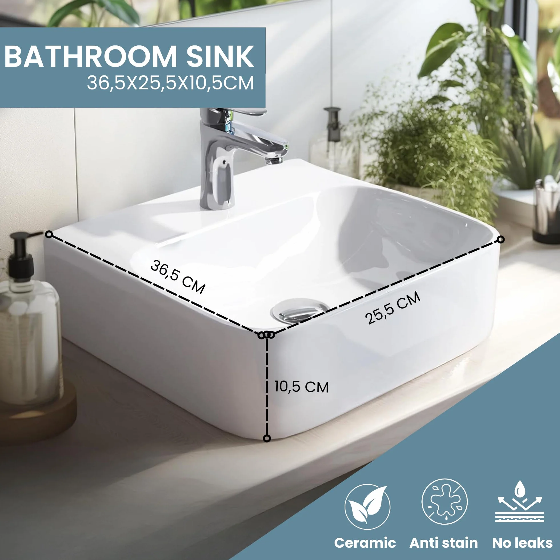 Lavabo de Cerámica, Lavamanos Blanco de Aseo Anti-manchas, Lavabo sobre encimera para Baño, Fácil de Limpiar y con Conexiones Estándar. Ideal para Cocina o Baño. (36,5x25,5x10,5 CM)