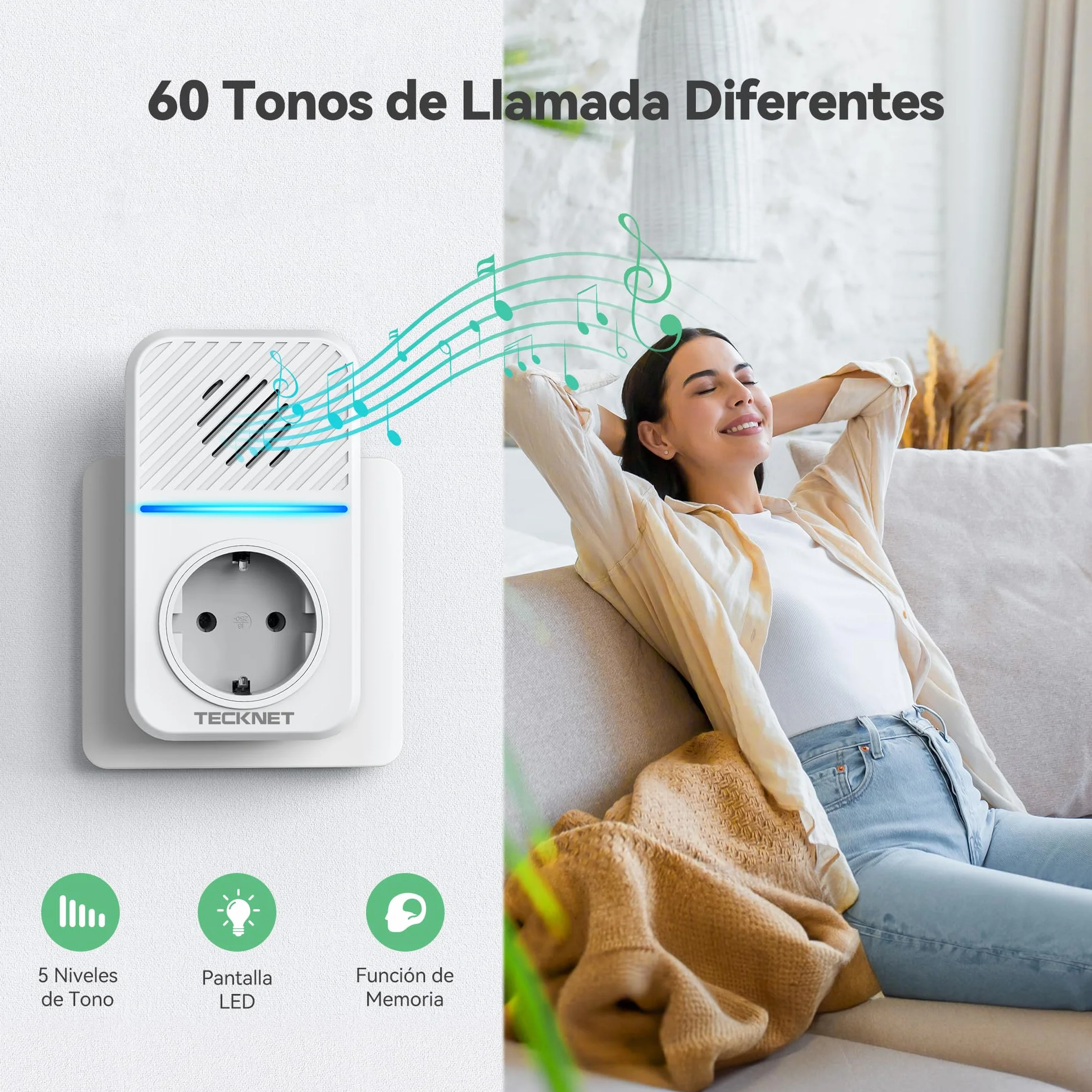 TECKNET Timbre Inalámbrico Kit, 400M Timbre Inalámbrico Autoalimentado con 2 Receptores, IP65 Kit de Timbre con Tomas USB Externas y Luz LED, 60 Melodías, 5 Niveles de Volumen