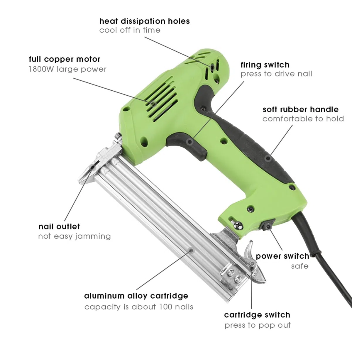 Clavadora eléctrica, clavadora profesional de 1800 W, grapadora ergonómica con capacidad para 100 clavos, grapadora eléctrica compacta para bricolaje y carpintería