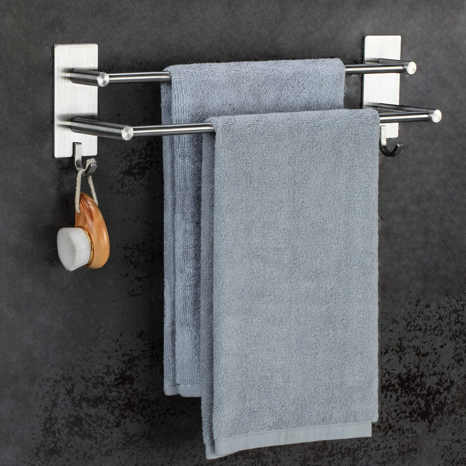 Toallero Sin Taladro Autoadhesivo Acero Inoxidable Cepillado 60 cm Doble Barra 2 Ganchos JS