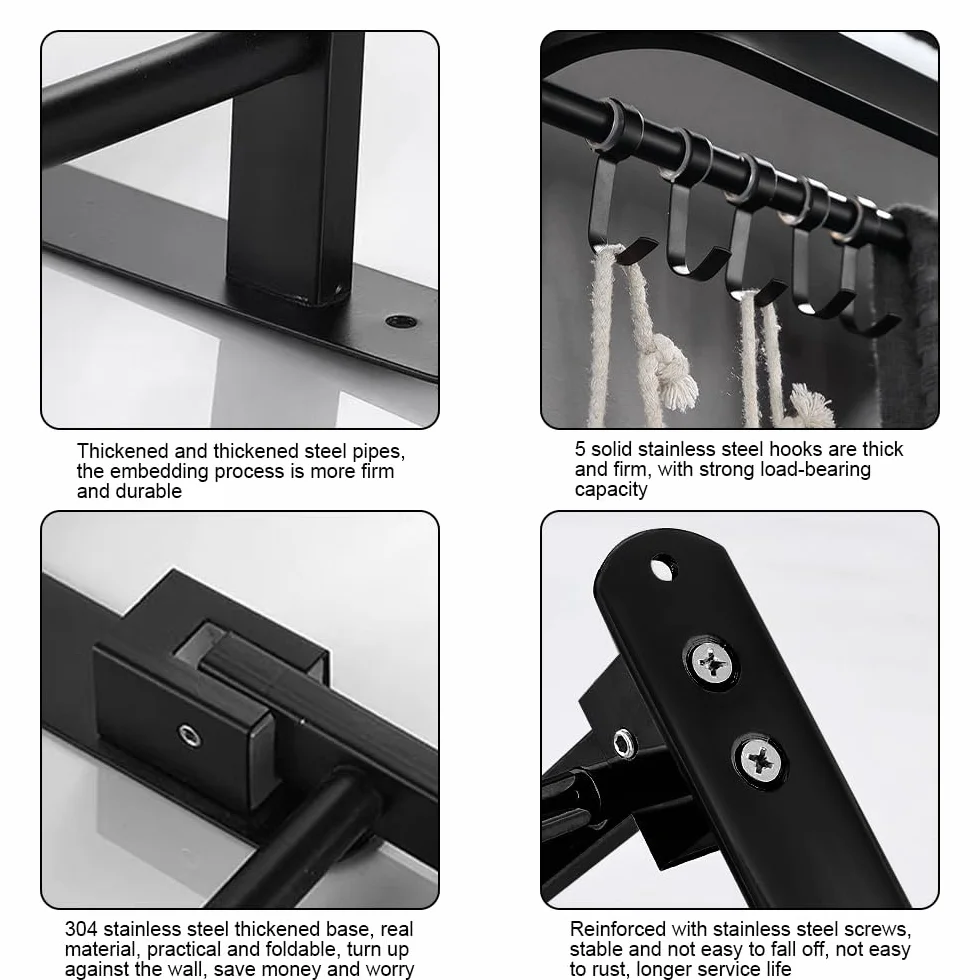 Toallero Montado Pared Plegable 2 Niveles con 5 Ganchos Sus 304 Acero Inoxidable Negro 23 Pulgadas