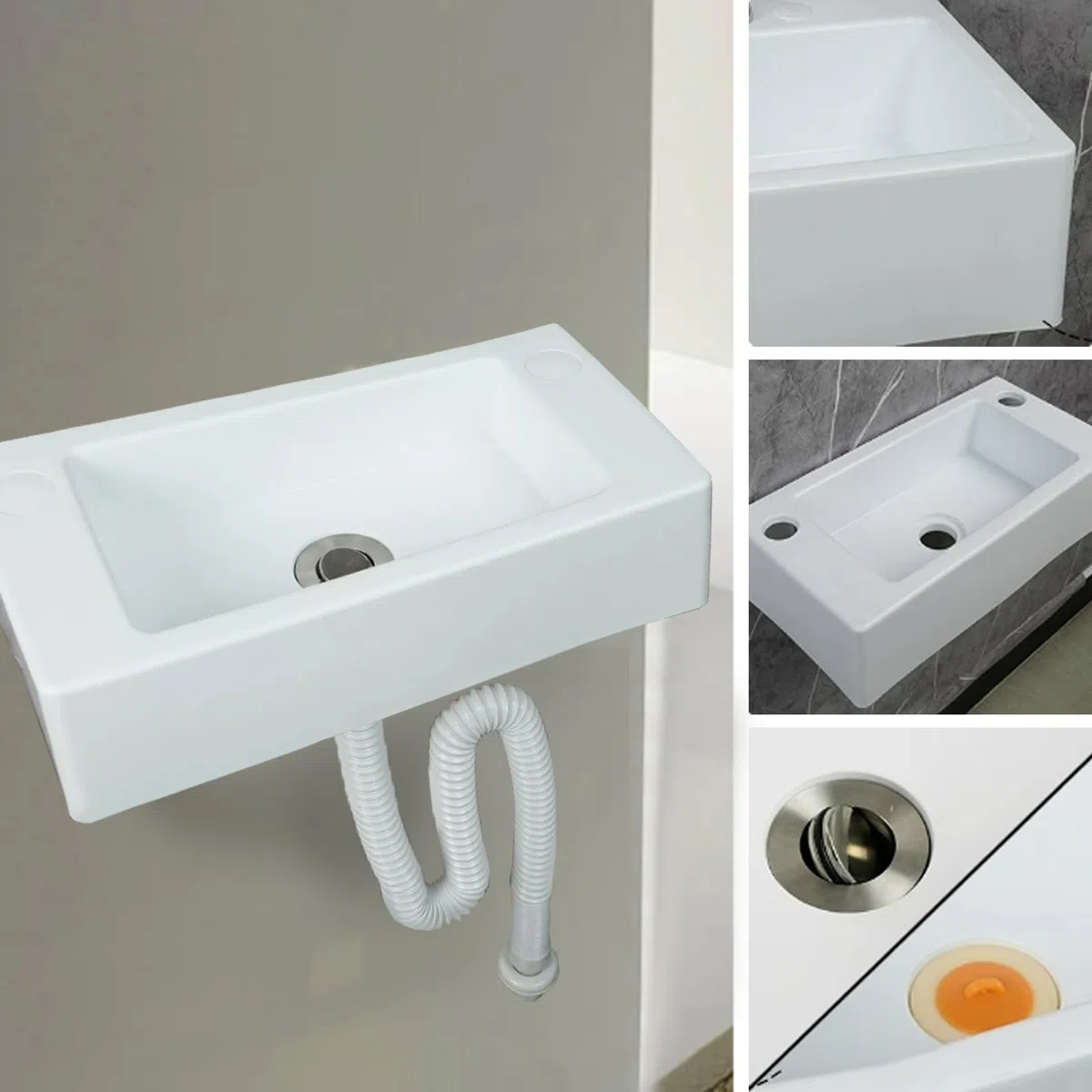 Fregadero rectangular simple, pequeño lavabo blanco, lavabo de plástico montado en la pared, blanco, apto para uso en interiores y exteriores [tubo de drenaje de cabeza de plástico de 75 cm]