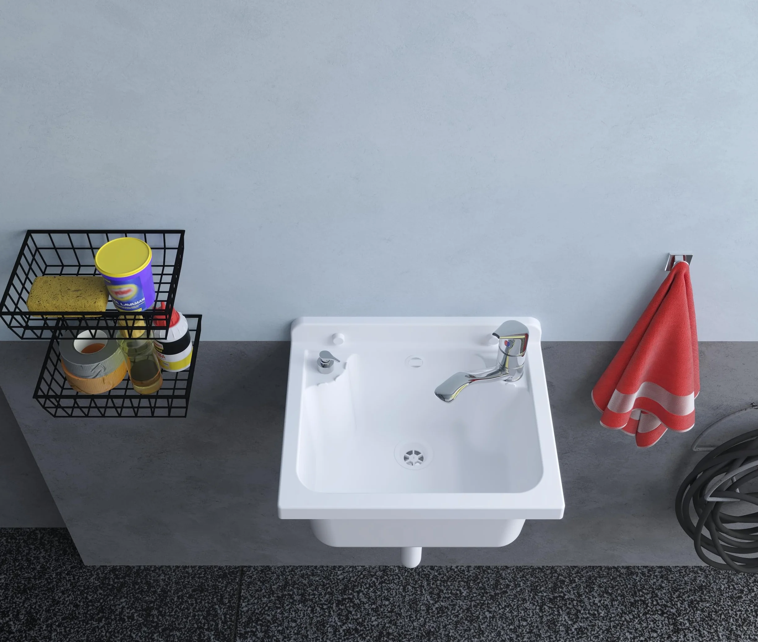 Negrari Lavabo Pilozzo de pared de resina, resistente a los ácidos de uso común, resistente a la humedad, kit de desagüe incluido, interior y exterior, 42 x 34 x 21 cm, blanco