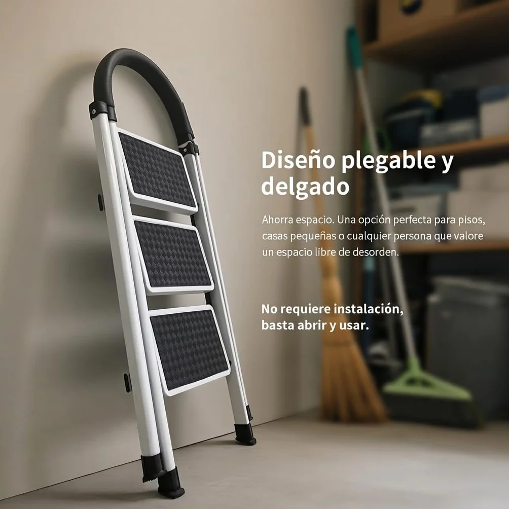 Escalera Plegable Multifuncional Antideslizante 4 Peldaños con Soporte Adicional y Mango