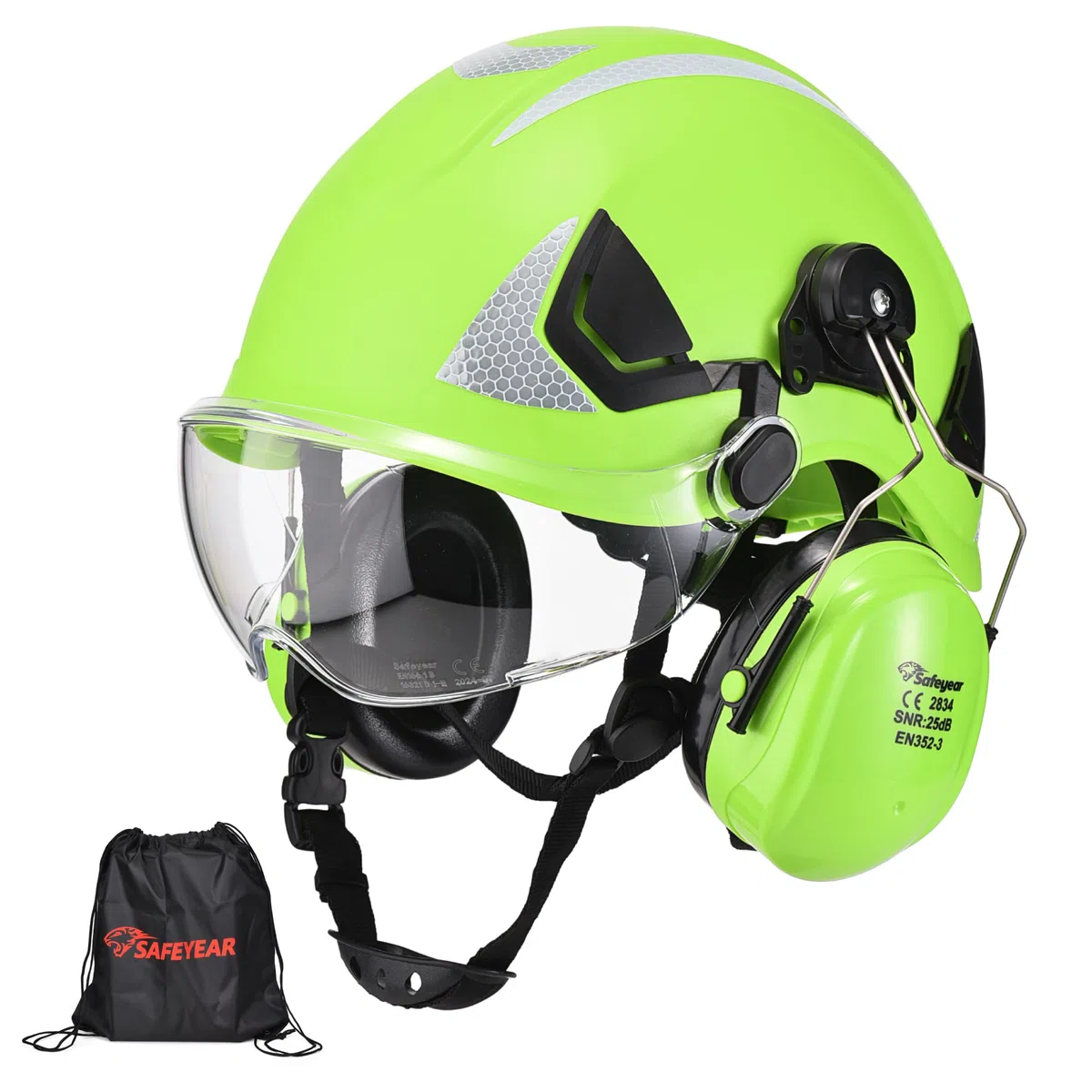 Safeyear Casco de Obra Homologado EN397 para Construcción, Casco de Seguridad con Orejeras Antiruido SNR 25dB y Visera Facial para Motosierra y Desbrozadora, Casco de Trabajo ABS con Gafas de Regalo
