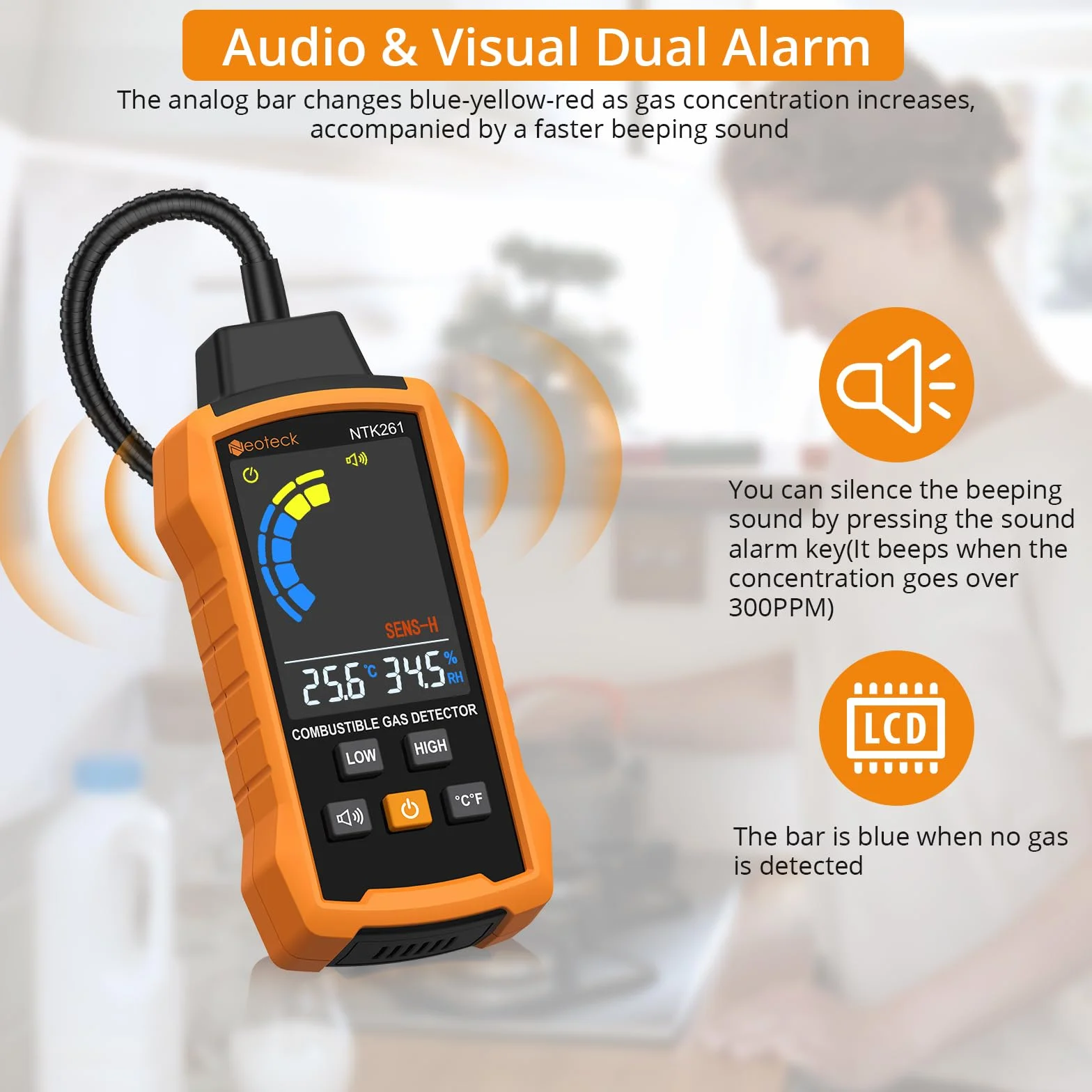 Neoteck Detector de Gas Natural Detector de Fugas de Gas con Sonda Flexible de 12 Pulgadas Detector de Gas Combustible con Alarma Audible y Visual para Vivienda Caravana Estufa Gasoducto