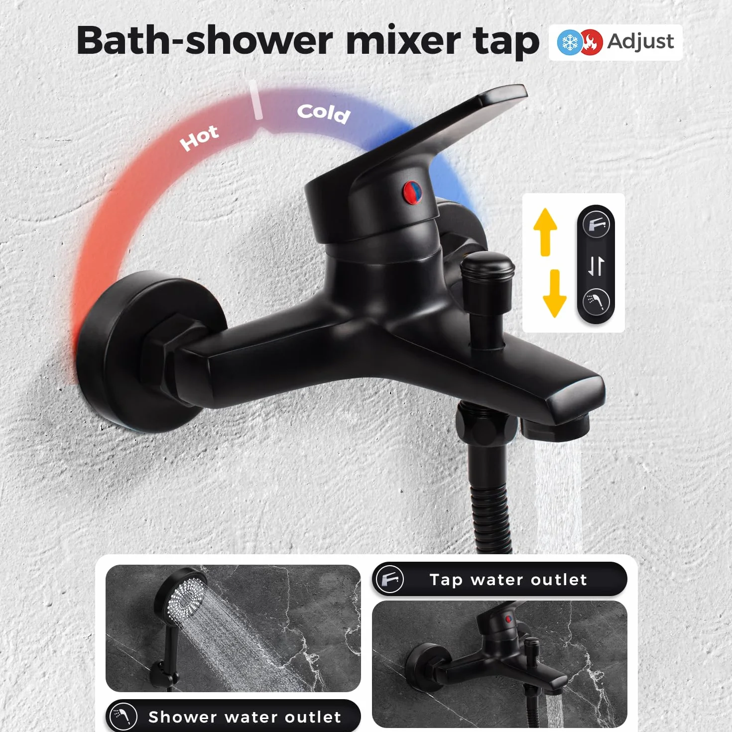 Grifo de Ducha y Bañera Con Ducha de Mano de 5 Funciones - Monomando Mezclador Para Instalación en Pared Con Manguera y Soporte (Negro)