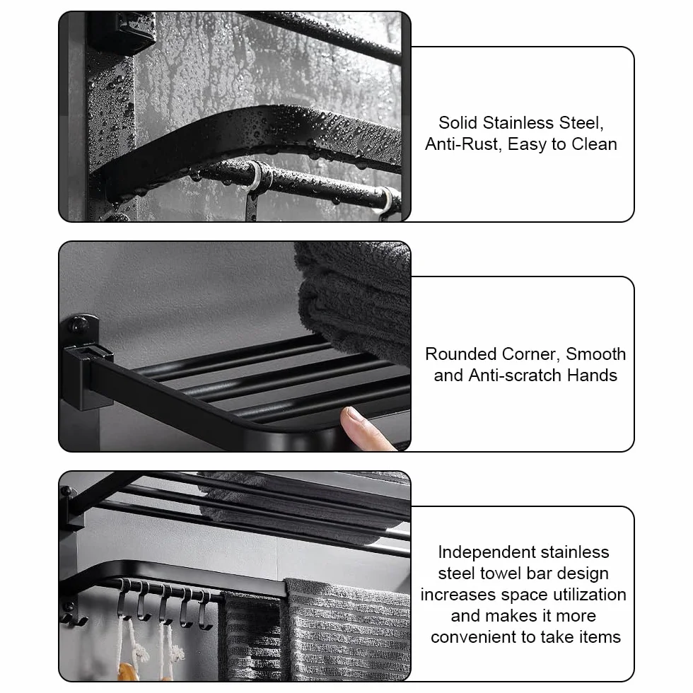 Toallero Montado Pared Plegable 2 Niveles con 5 Ganchos Sus 304 Acero Inoxidable Negro 23 Pulgadas