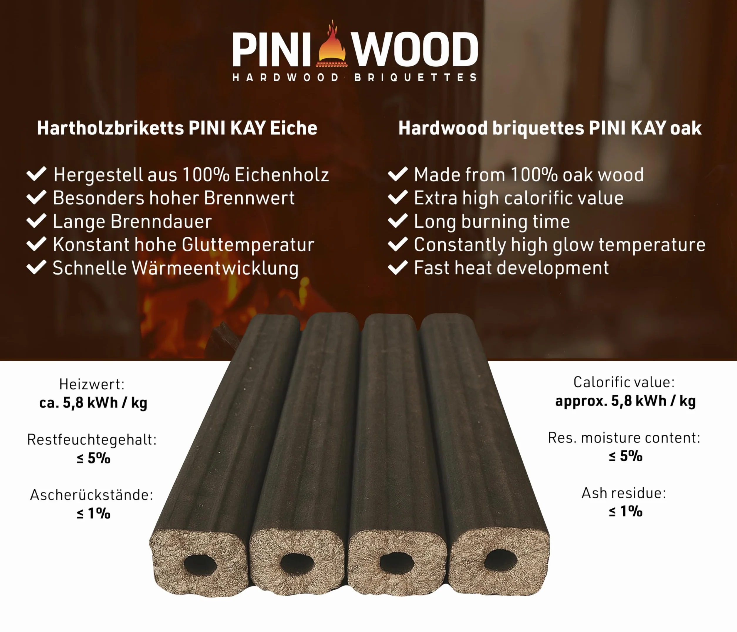 PINI Kay Briquets de roble de 23 cm de largo cuadrados con orificio de extracción 15 kg Briquets de madera dura Leña de roble para chimenea, estufa, fuego abierto, parrilla