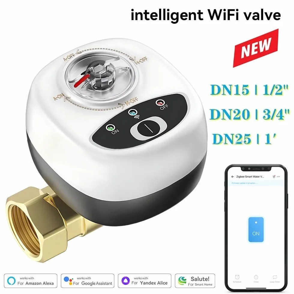 Válvula de agua inteligente WiFi, control remoto a través de aplicación, compatible con Alexa/para comandos de voz, apagado automático, temporizador, válvula de bola eléctrica de cobre (DN20)