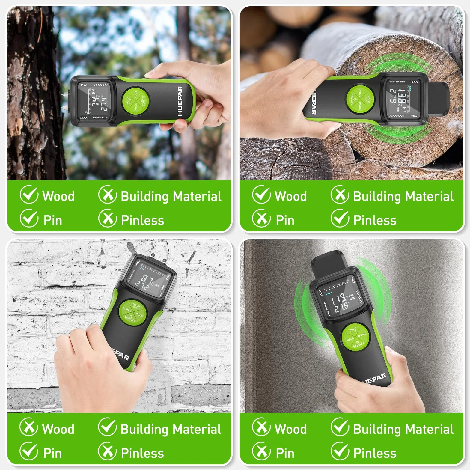 Huepar Medidor de Humedad de Madera con Pin/Sin Pin, Detector de Fugas de Agua con 2 Modos de Medición para Madera y Construcción -Pantalla LCD Retroiluminada, Contenido de Humedad Alto-Medio-Bajo M03
