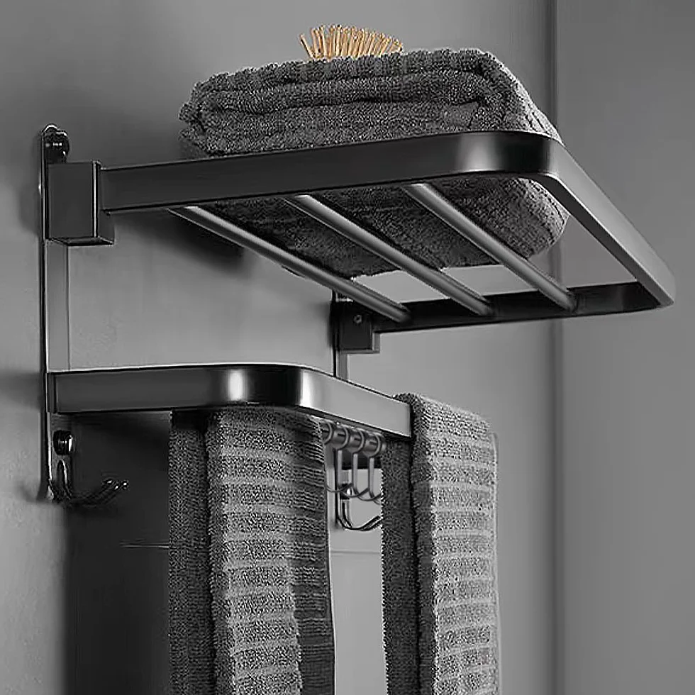 Toallero Montado Pared Plegable 2 Niveles con 5 Ganchos Sus 304 Acero Inoxidable Negro 23 Pulgadas