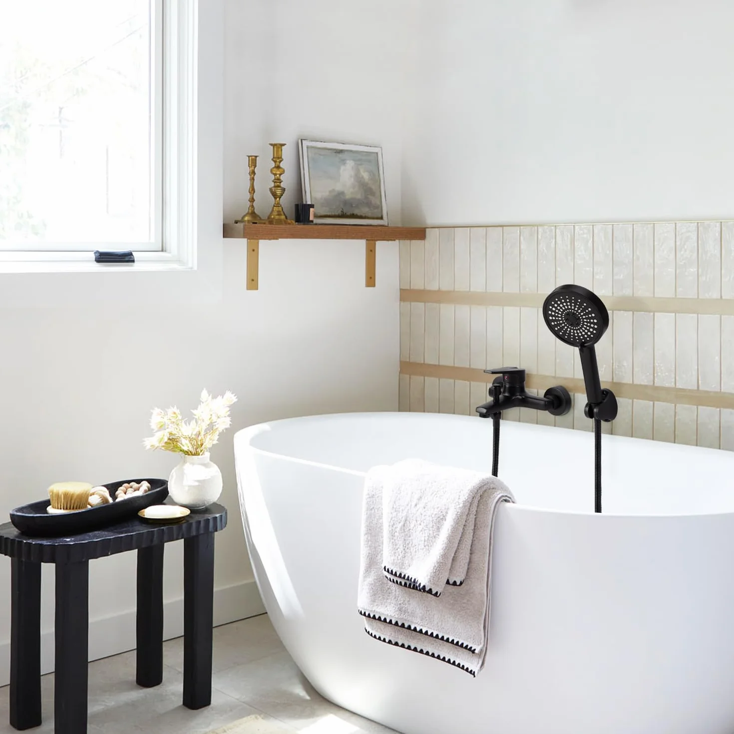 Grifo de Ducha y Bañera Con Ducha de Mano de 5 Funciones - Monomando Mezclador Para Instalación en Pared Con Manguera y Soporte (Negro)