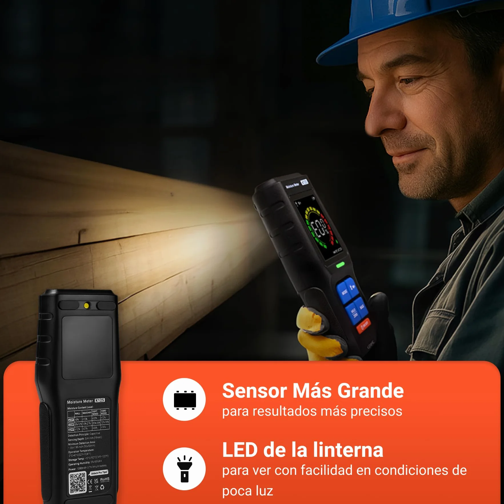 Medidor Humedad Pared, Medidor de Humedad Sin Pin con Pantalla LCD, Alarma Sonora, Detector no Destructivo para Madera, Yeso y Mampostería, 4 Modos, Detección Hasta 19 mm de Profundidad