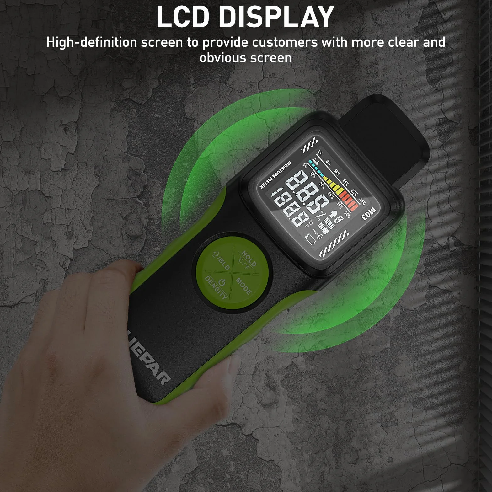 Huepar Medidor de Humedad de Madera con Pin/Sin Pin, Detector de Fugas de Agua con 2 Modos de Medición para Madera y Construcción -Pantalla LCD Retroiluminada, Contenido de Humedad Alto-Medio-Bajo M03