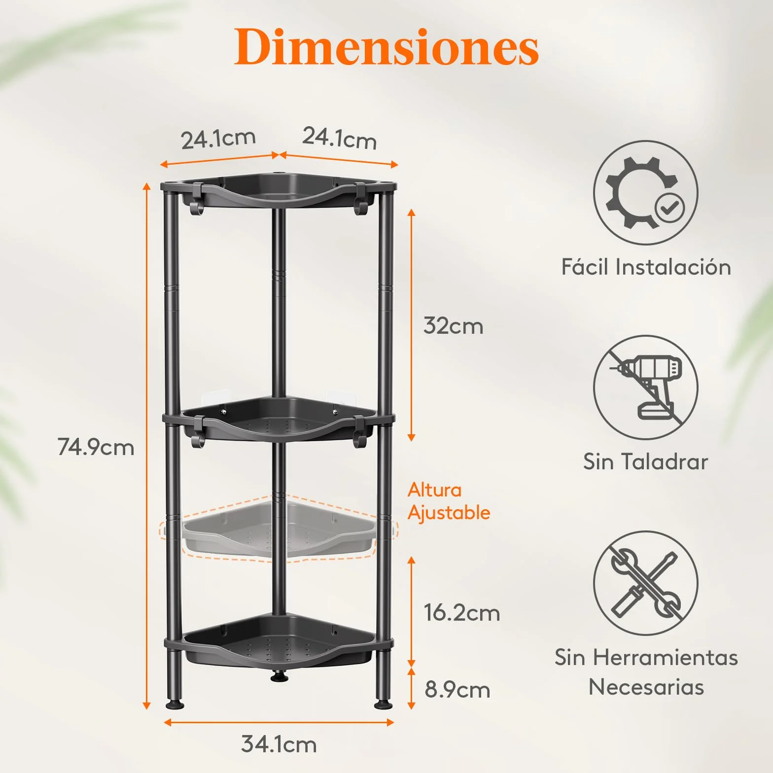 Lifewit Estanteria Ducha sin Taladro 3 Niveles, Organizador Esquinero Plástico Baño, Negro 34 cm