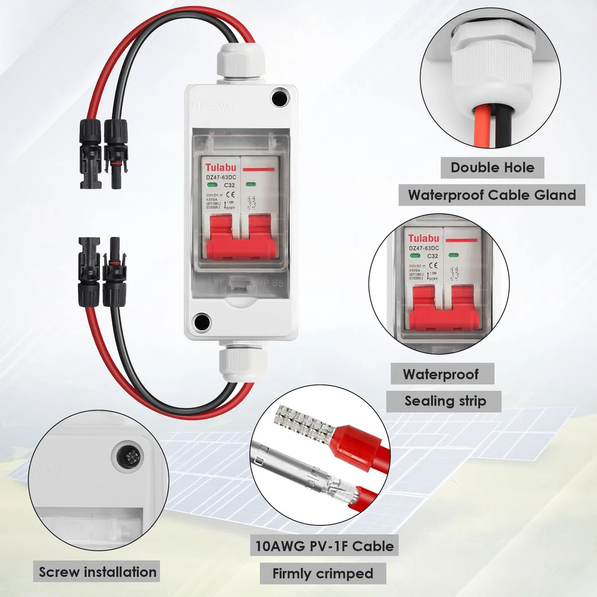 Interruptor Desconexión Solar Fotovoltaica DC 500V 32A IP65 Impermeable | Caja de Seccionador Aislador para Paneles Solares | Protección de Circuito PV | Seguridad Eléctrica Exterior