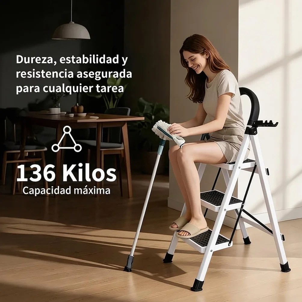Escalera Plegable Multifuncional Antideslizante 4 Peldaños con Soporte Adicional y Mango