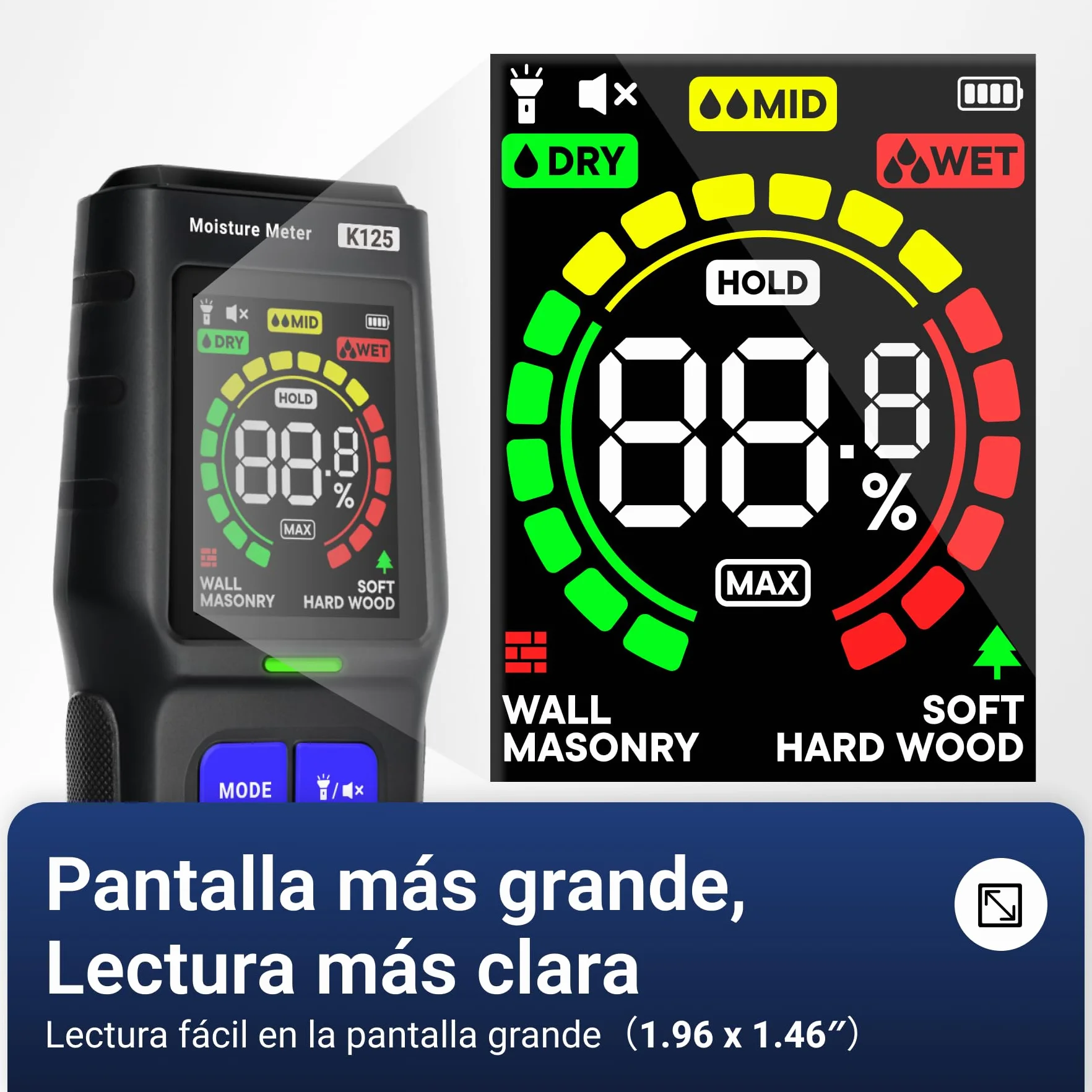 Medidor Humedad Pared, Medidor de Humedad Sin Pin con Pantalla LCD, Alarma Sonora, Detector no Destructivo para Madera, Yeso y Mampostería, 4 Modos, Detección Hasta 19 mm de Profundidad