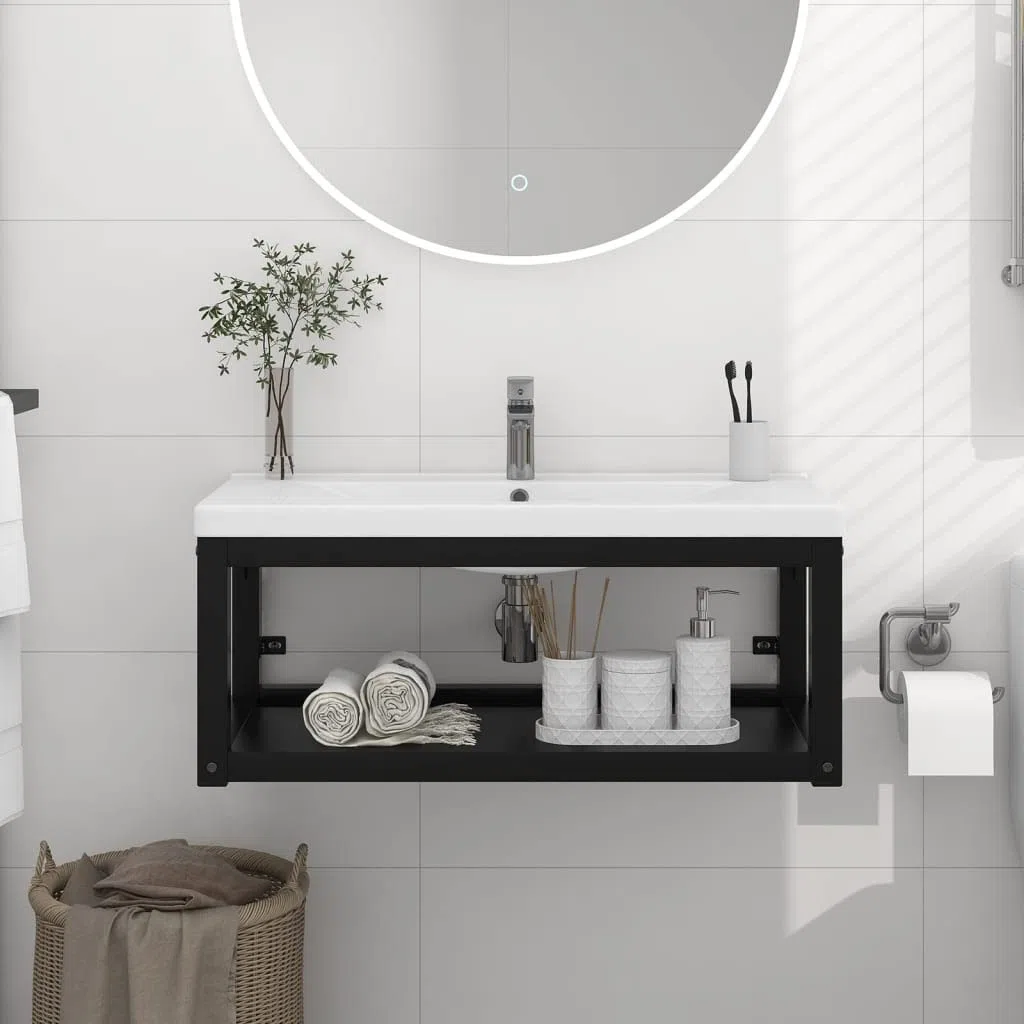 vidaXL Estructura de Lavabo Suspendido Cuarto de Baño Colgante Soporte Aseo Lavamanos Inodoro Fregadero Almacenamiento Hierro Negro 79x38x31 cm
