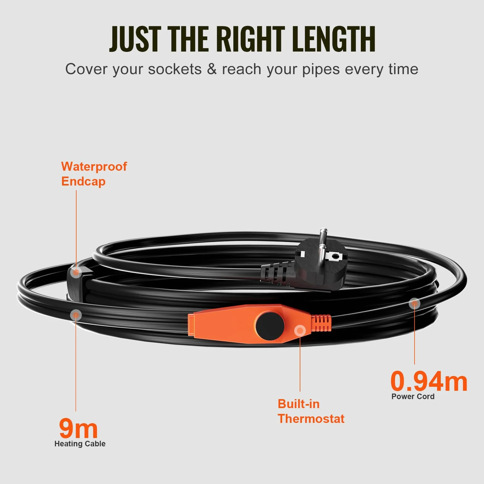 VEVOR Cable Calefactor Anticongelante para Tuberías de 9 m con Termostato Incorporado 23W/m