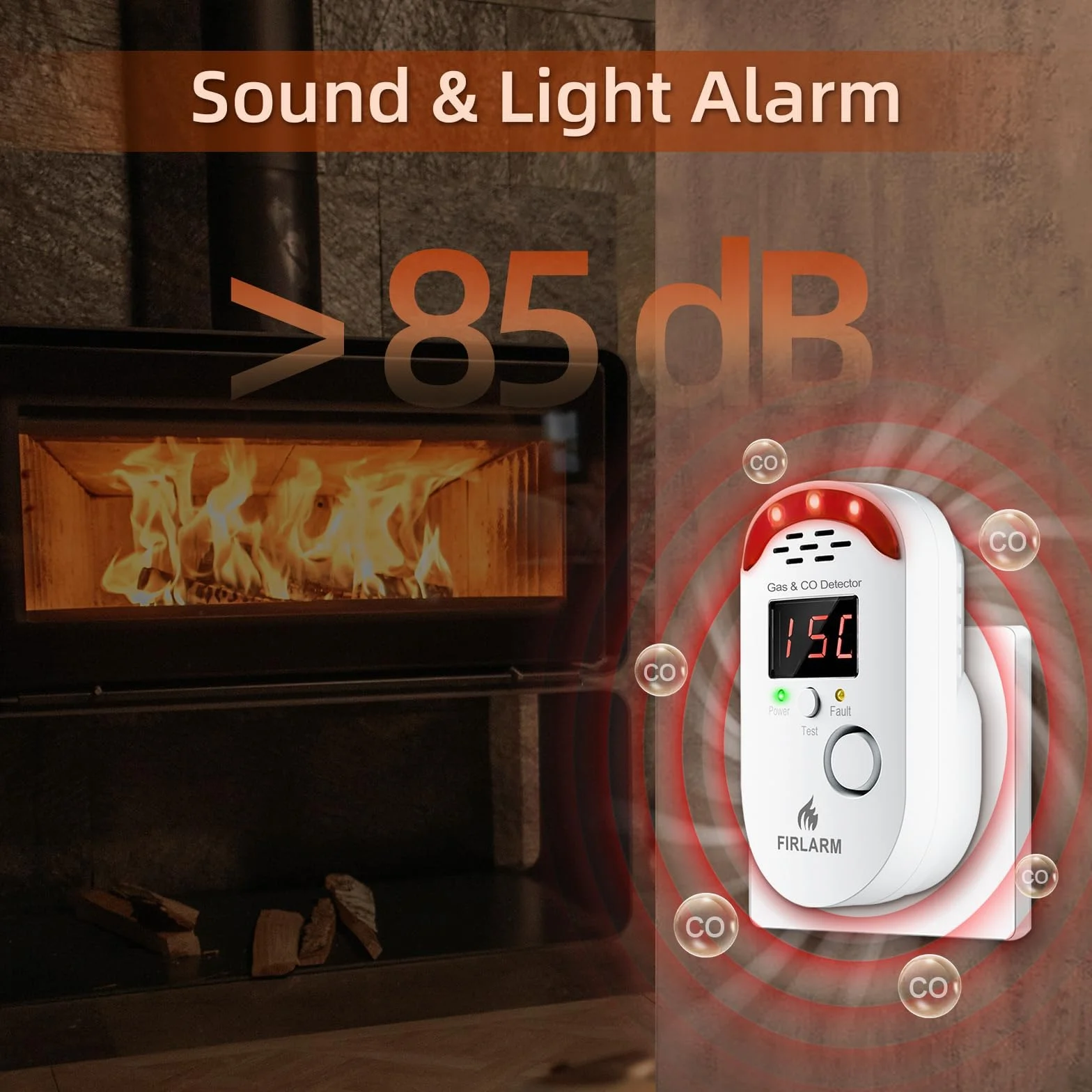 Firlarm Detector de Gas y Monóxido de Carbono con Enchufe y Pantalla LED para Hogar, Cocina, Garaje, Oficina