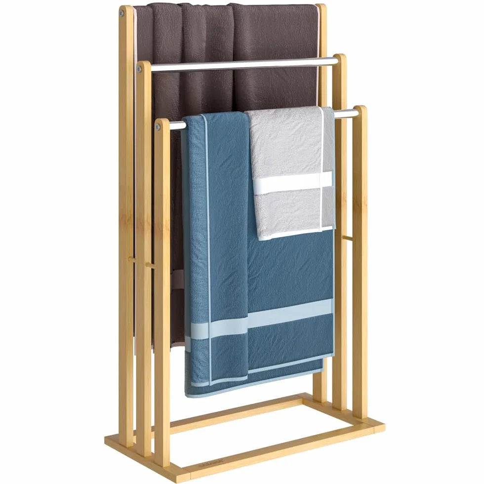 CASARIA Toallero de Pie Madera de Bambú 3 Barras Acero Inoxidable 84x46x24cm