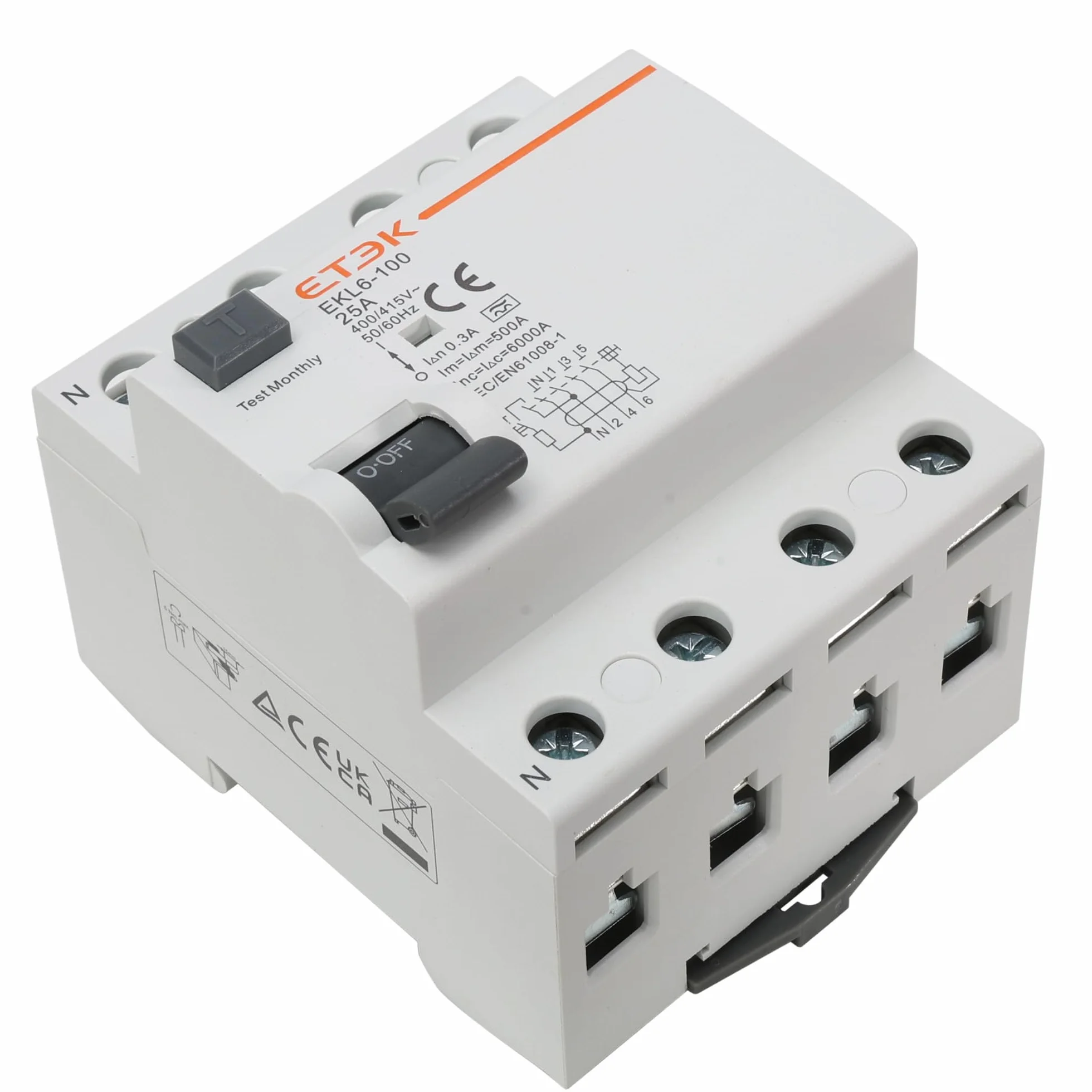 Interruptor Diferencial Superinmunizado 4P 25A 300mA Tipo A - Protección contra Fugas e Incendios - RCCB (3P+N) - Montaje Carril DIN - Cuadro Trifásico