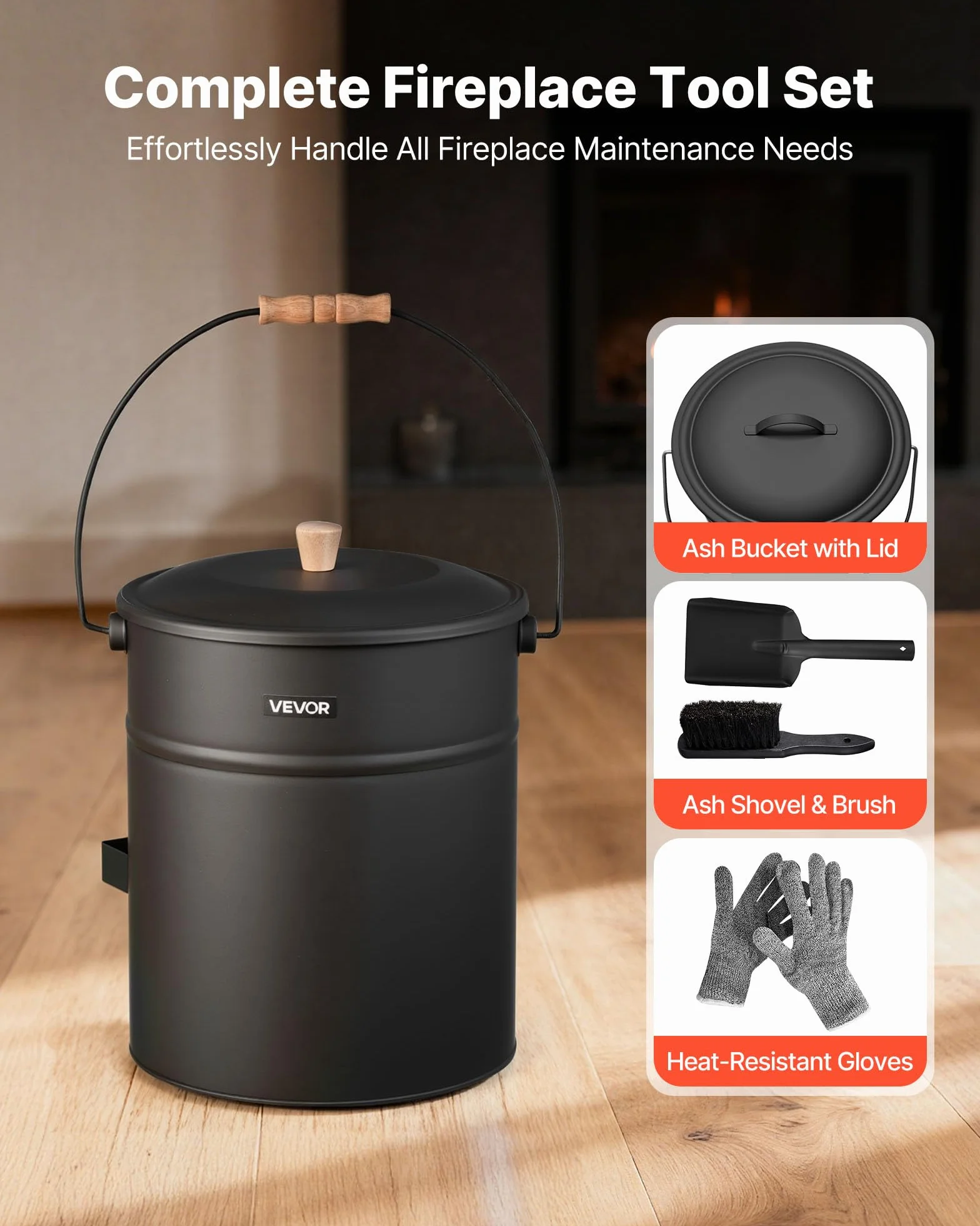 VEVOR Cubo de Cenizas con Tapa 4 en 1, Incluye Cubo para Carbón, Pala, Escoba y Guantes, Capacidad de 15 L para Chimeneas, Fogatas y Estufas de Leña, Acero al Carbono, Color Negro, 254 x 305 mm