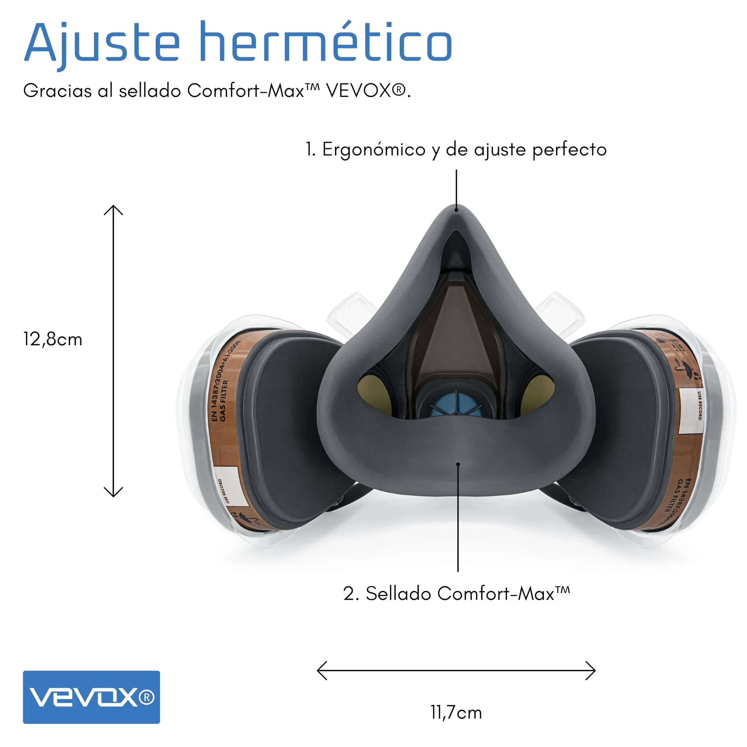 VEVOX® Máscara respiratoria con filtro A1P2 – Protección contra gases, vapores y partículas finas de polvo – Ideale para pintura, lijado y obra – Con 6 filtros P2 antipartículas y 2 A1 antigás